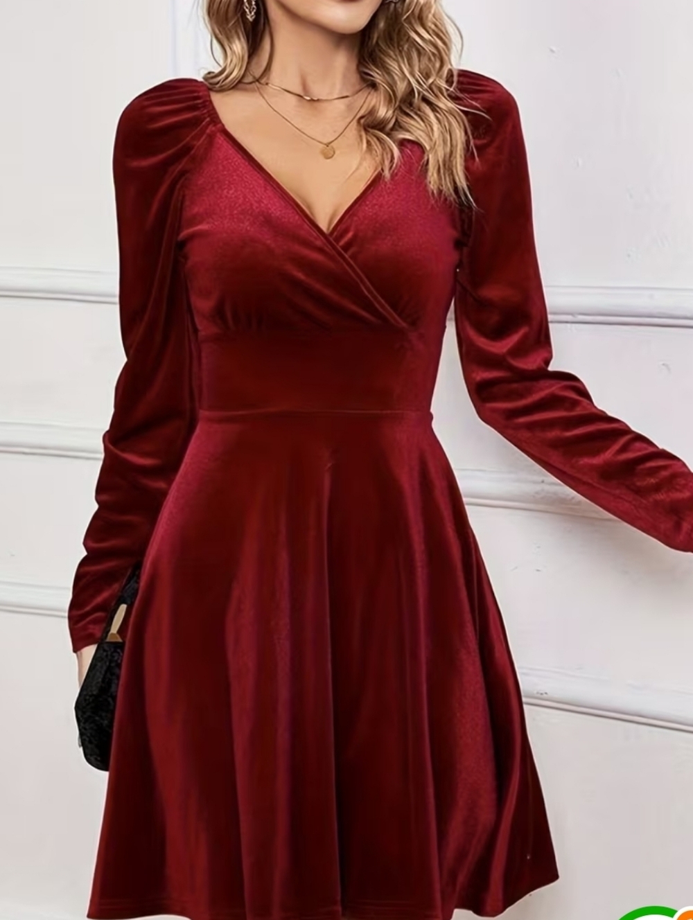 59 - SHEIN Burgundy Velvet V-Neck Long Sleeve Fit & Flare Dress
